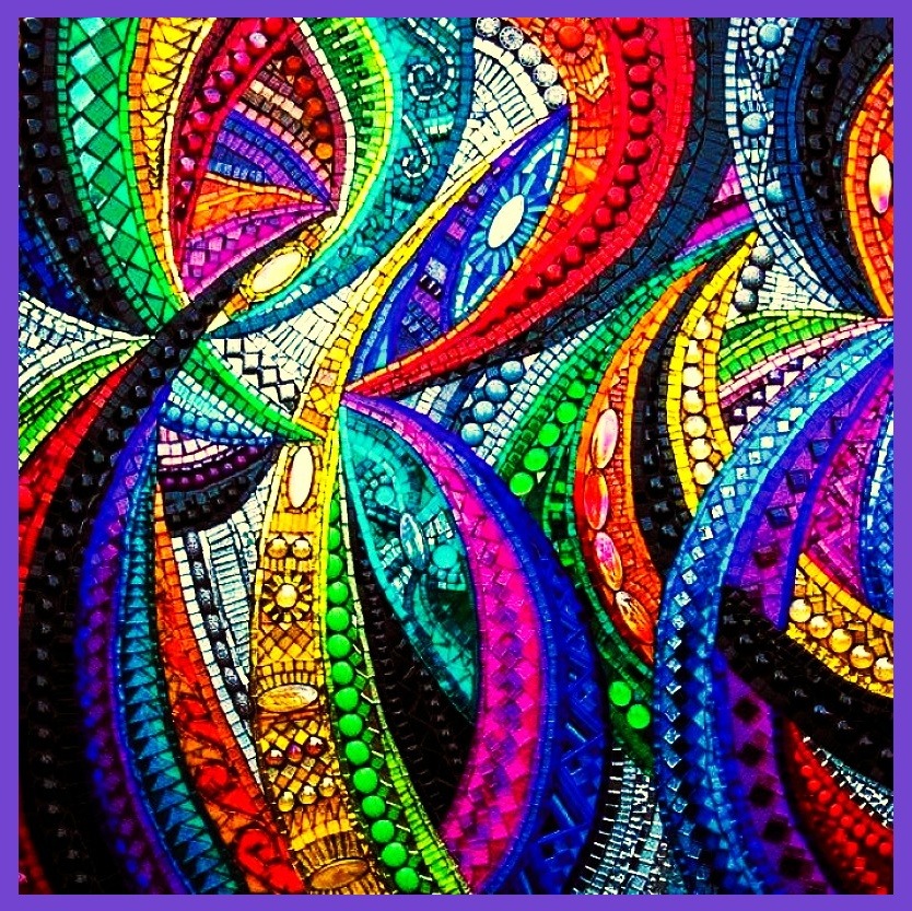 Abstract art with colorful curved bands decorated with patterns and dots swirling across a black background