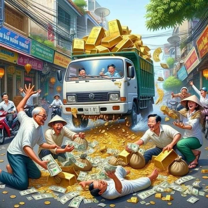 Illustrated street scene with a truck, gold bars, and people grabbing scattered money