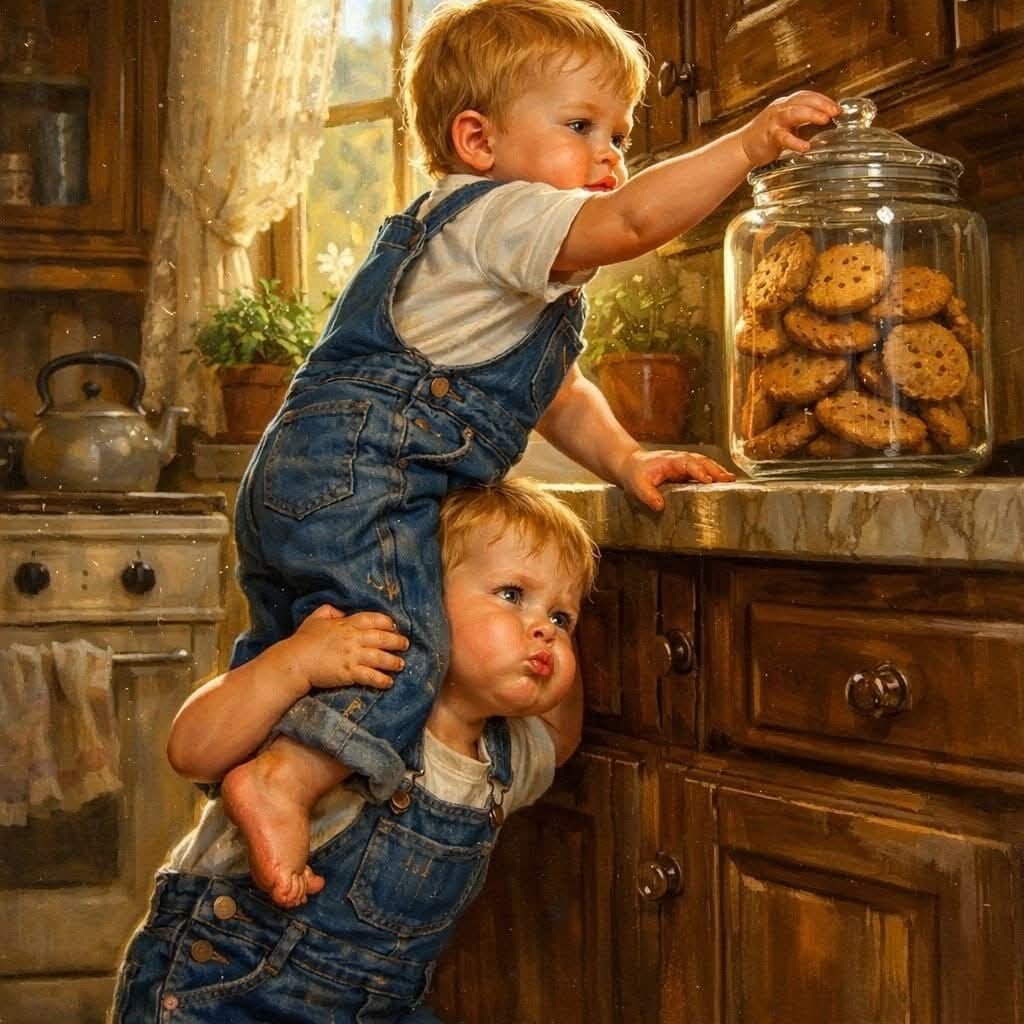 Two small children in overalls reaching for a cookie jar on a kitchen counter