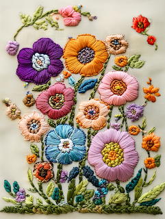 Colorful embroidered fabric flowers with beaded centers arranged in a bouquet pattern on white fabric
