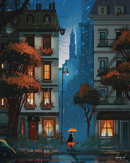 Illustrated rainy city street at night with lit windows, autumn trees, and a person holding an umbrella