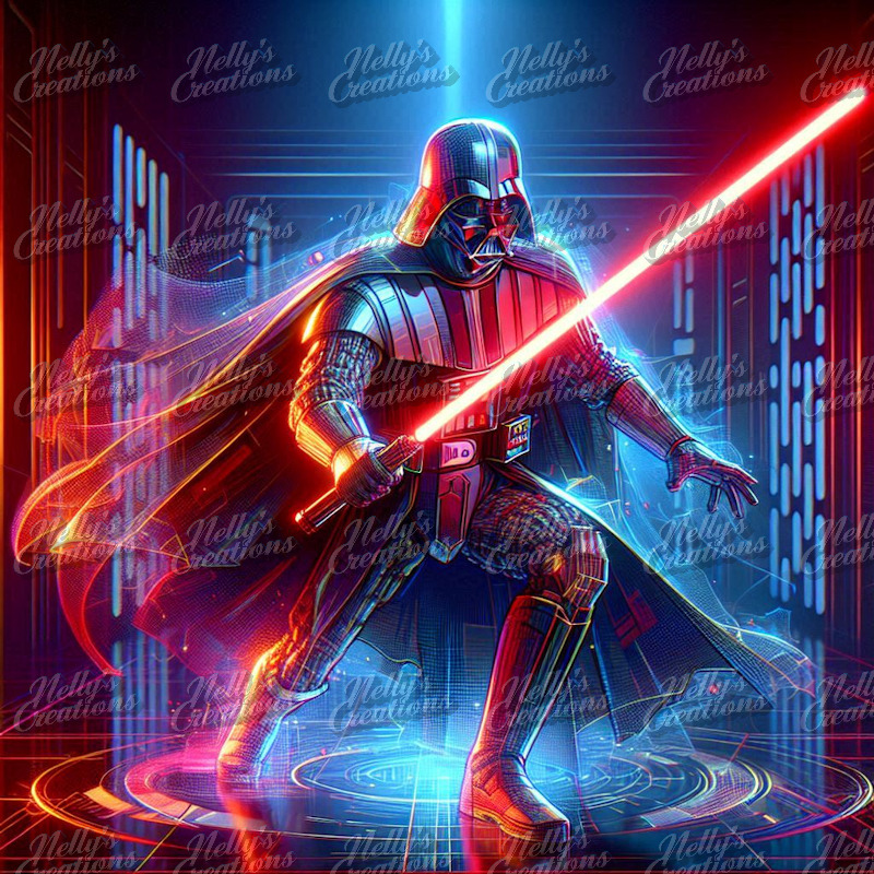 Darth Vader in black armor holding red lightsaber with neon blue and orange glow effects