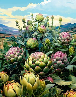 Illustrated artichoke plants with green and purple blooms in mountain landscape