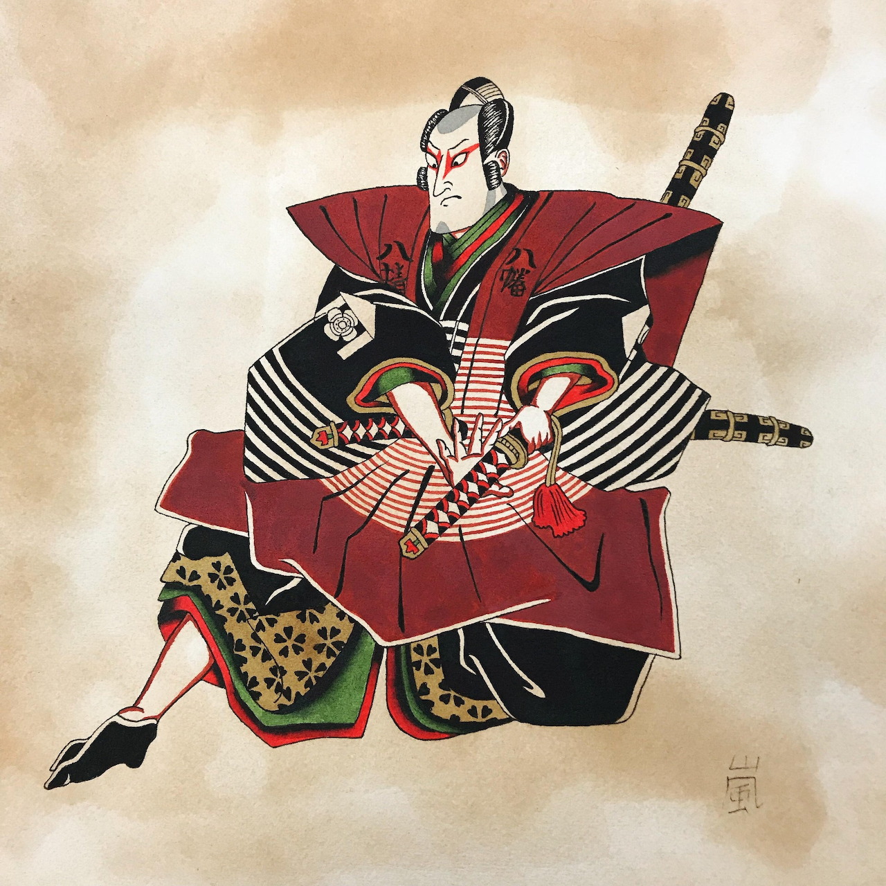 Japanese woodblock print of samurai warrior in red and black patterned robes holding sword