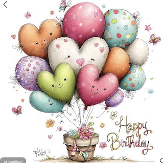 Colorful illustration of heart-shaped balloons and pastel eggs above a gift box with Happy Birthday text