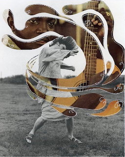 Surreal collage of dancer merged with guitar parts and abstract brown swirls on neutral background