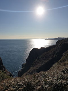 Steep coastal cliff descending to blue ocean with bright sun reflecting on water at sunset