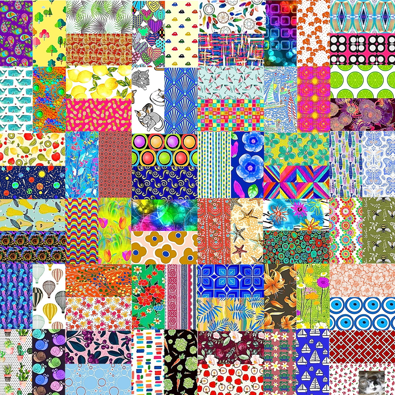 Colorful patchwork quilt grid with 64 different pattern squares in bright colors and varied designs