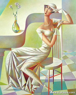 Cubist painting of a woman in white dress and hat sitting on a chair with a vase of flowers