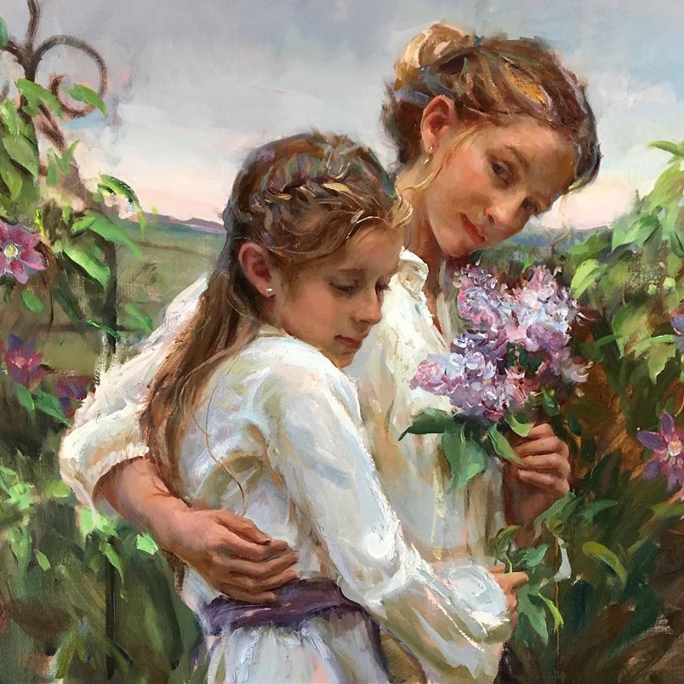 Painting of a woman hugging a young girl in a flower garden, holding lilac blossoms