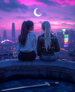 Two women sitting on a rooftop overlooking a neon city at night with a crescent moon and purple sky