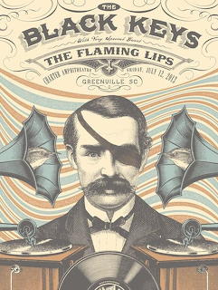 Vintage concert poster with a mustached man wearing an eye patch between two gramophones