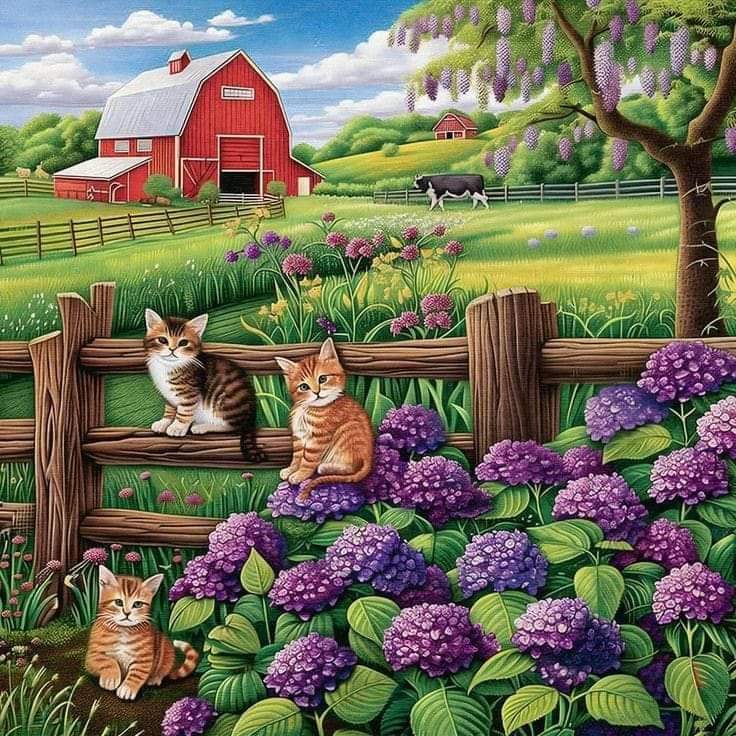 Three orange tabby kittens sitting on wooden fence with purple hydrangea flowers and red barn in background