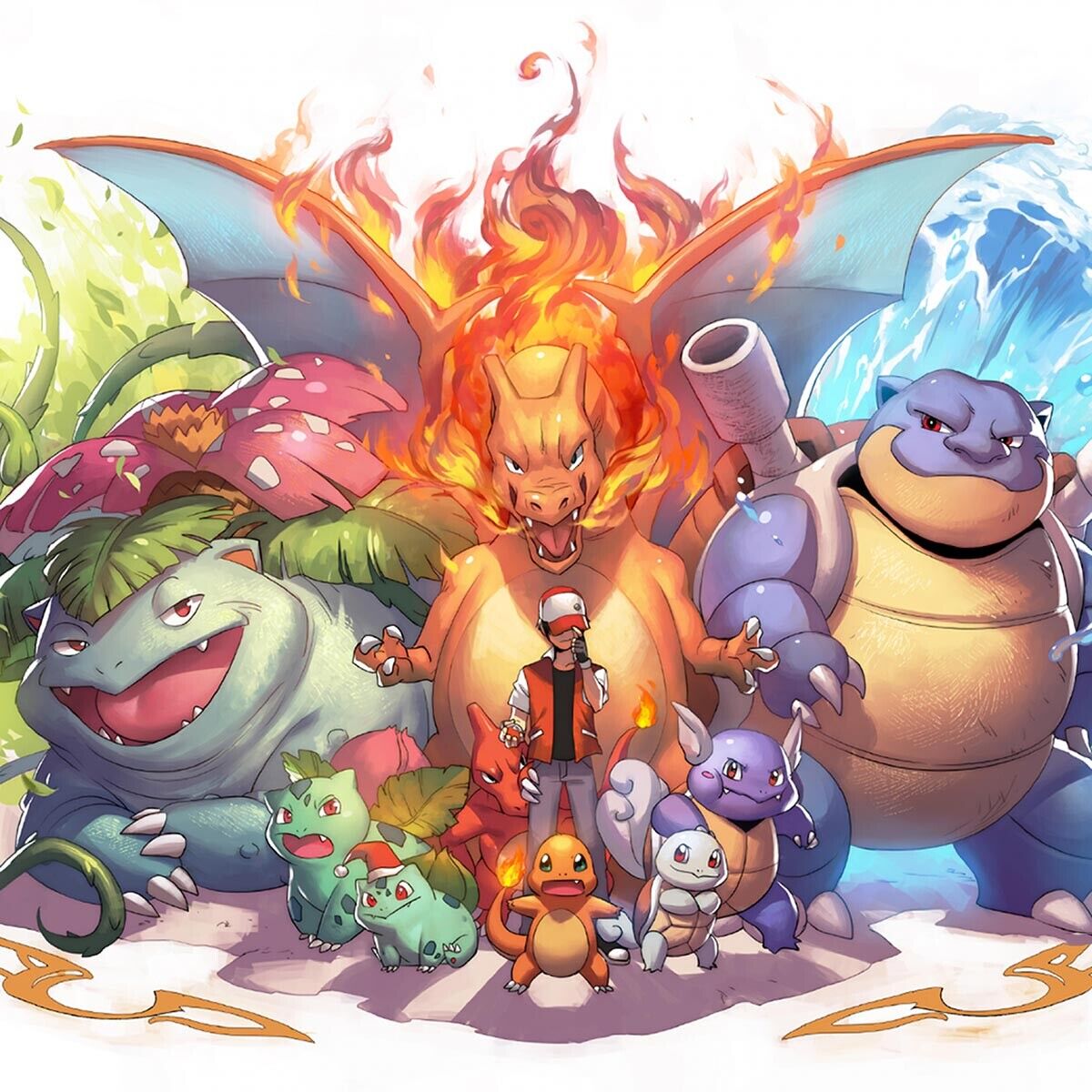 Vibrant Pokemon illustration showing starter Pokemon and evolutions with fire, water, and grass elements