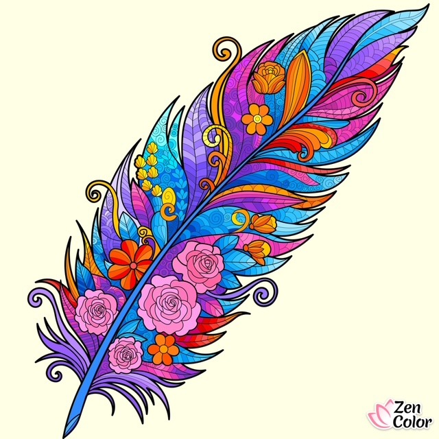 Colorful decorative feather illustration with floral motifs and swirling patterns on a light background