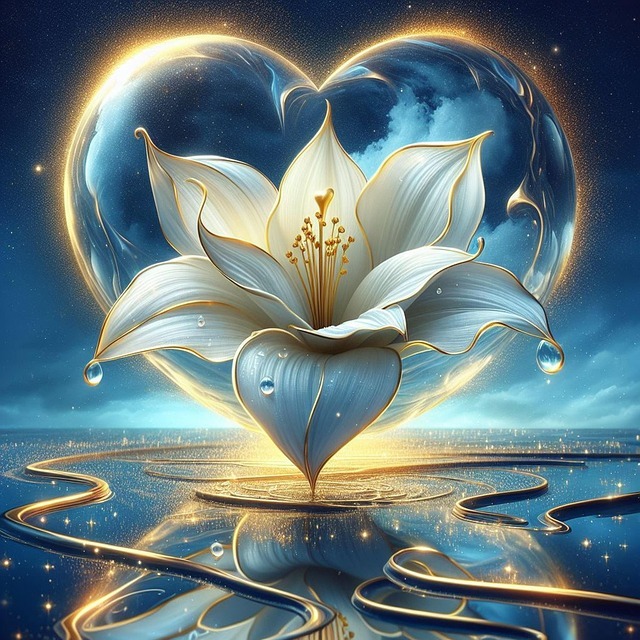 Glowing white lily shaped like a heart above shimmering blue water and golden light trails