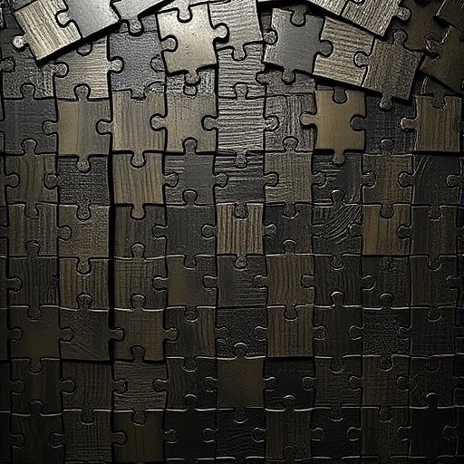 Close-up of interlocking black jigsaw puzzle pieces with textured surface