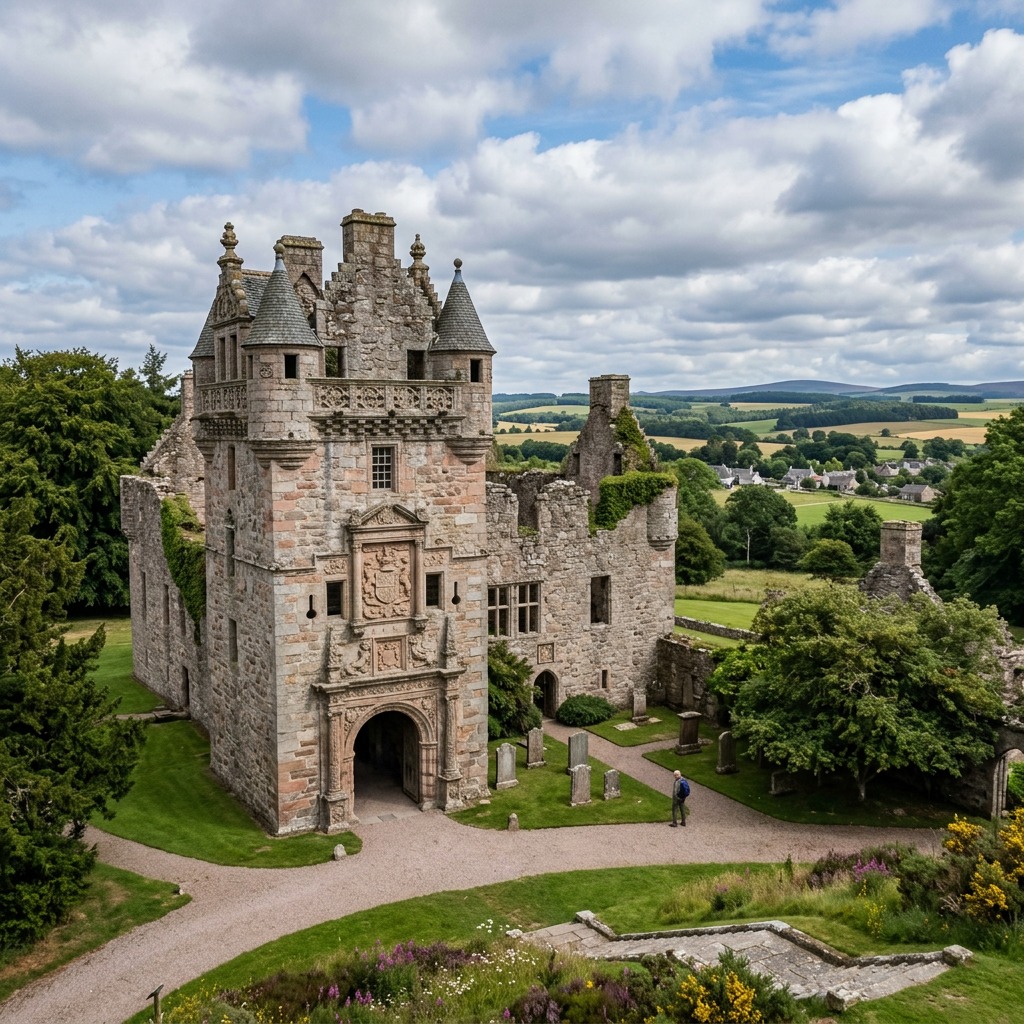 Tolquhon Castle ruins in Scotland with green grounds and cloudy sky