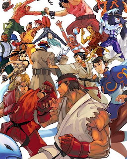 Colorful illustration of Street Fighter characters in dynamic fighting poses against a white background