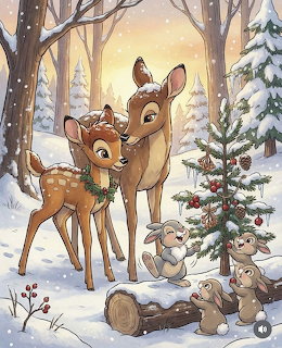 Two cartoon deer in snowy forest with Christmas tree and small animals