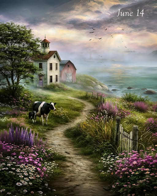 Cow on a dirt path near a coastal farmhouse with wildflowers and a dramatic cloudy sky