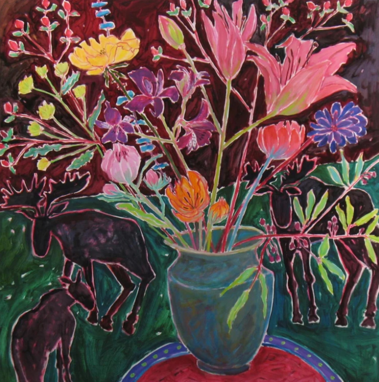 Colorful painting of flowers in a blue vase with three moose silhouettes in the background