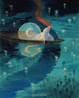 Girl with orange hair in boat on glowing teal water under moonlight with floating lights in night sky