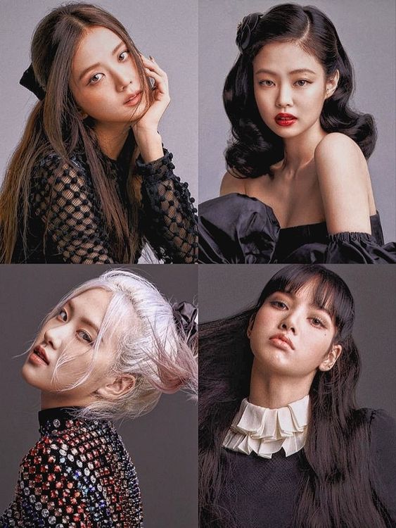 Four Blackpink members in a 2x2 grid portrait with dark fashion outfits against grey backgrounds