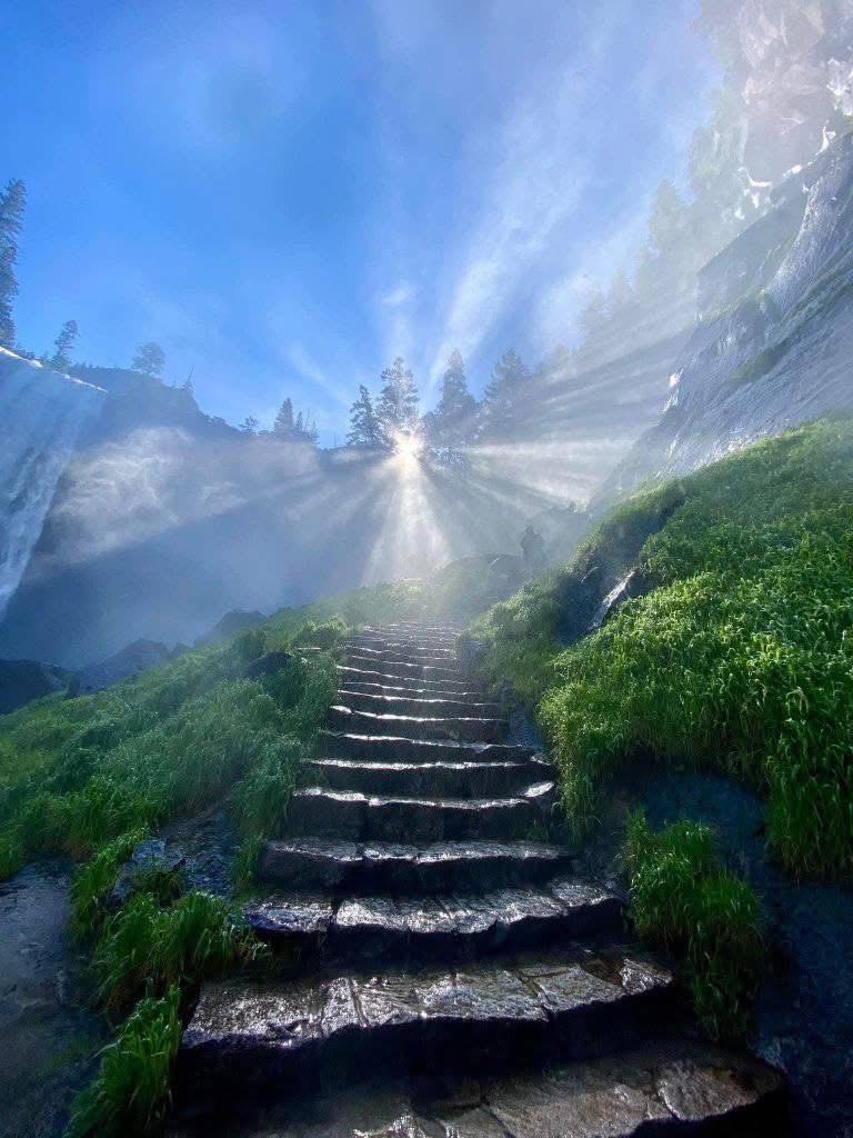 Stone steps climbing through mist on Yosemite mountain trail with sunlight and green vegetation
