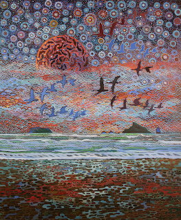 Decorative painting of cranes near water with ornate patterned sky and celestial body in mosaic-like style