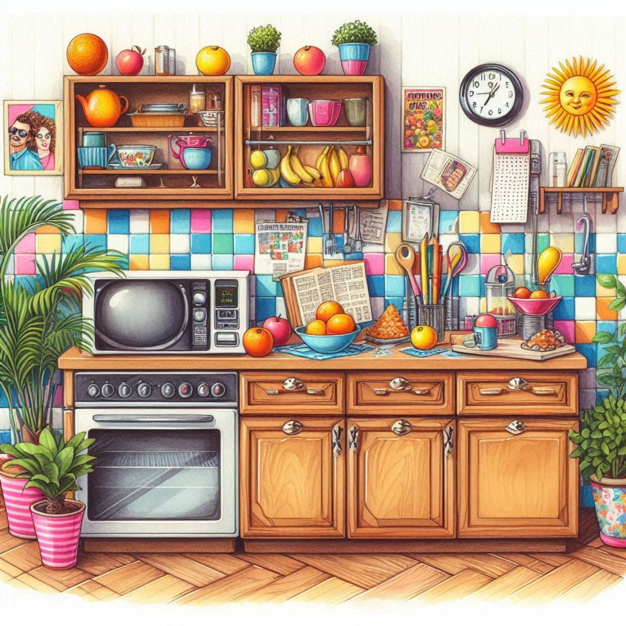 Bright illustration of a retro 1980s kitchen with colorful tiles, wood cabinets, and vintage appliances