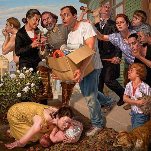 Painting of a crowded dramatic outdoor scene with several people, a man carrying a box, and a woman protecting a baby