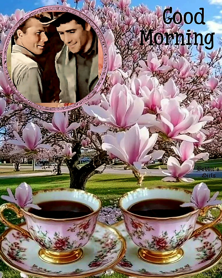 Collage with two floral teacups, pink magnolia blossoms, and a circular vintage photo of two men