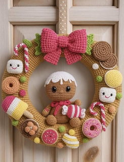 Crocheted Christmas wreath with gingerbread man, treats, and red bow hanging on white door