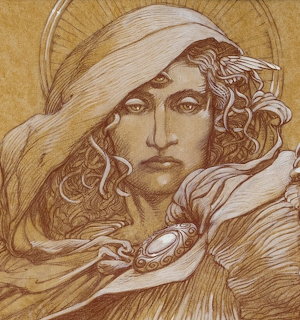 Sepia-toned detailed drawing of Perseus wearing a hooded cloak with an ornate brooch and radiating halo