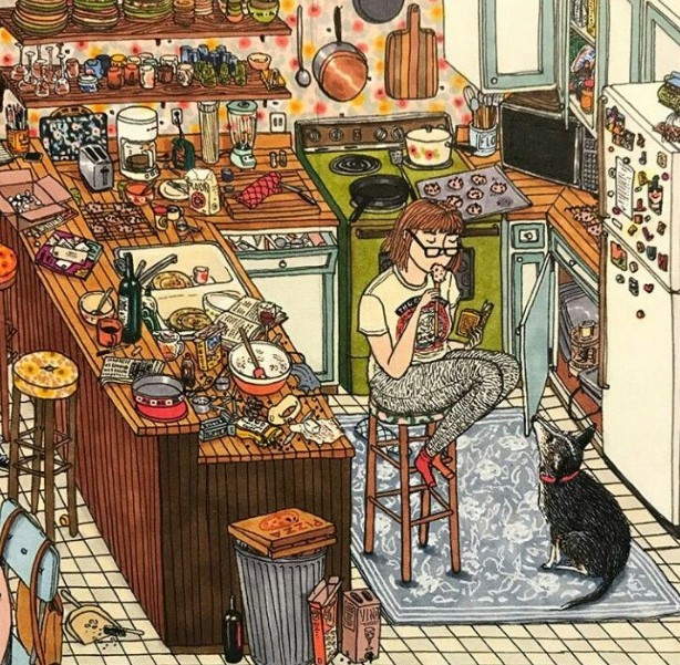Detailed cartoon illustration of a very cluttered kitchen with a cook, overflowing shelves, and a black cat