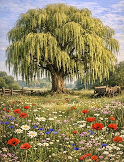 Painting of a weping willow tree in a meadow full of colorful wildflowers including poppies and daisies