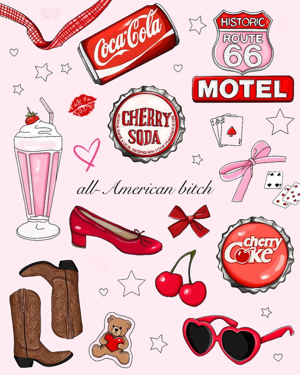 Retro American sticker collage with Coca-Cola, Cherry Soda, Route 66 motel sign, milkshake, cowboy boots, and heart sunglasses