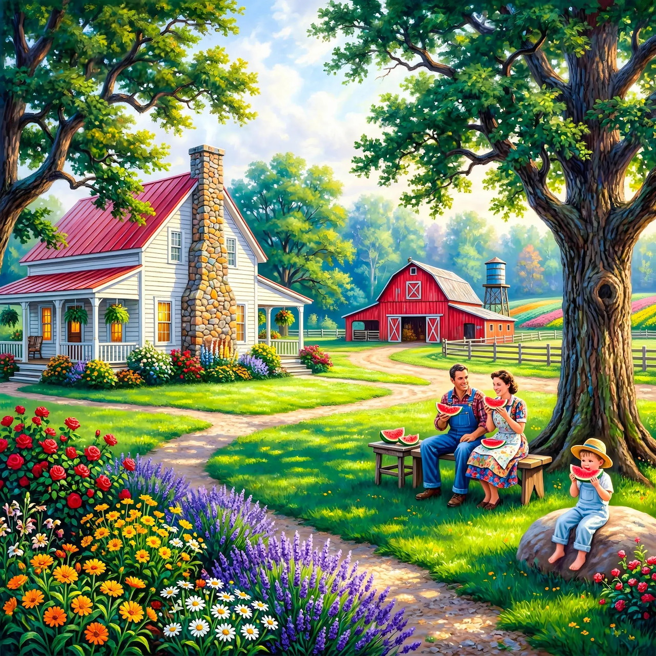 Family sitting under tree eating watermelon on sunny farm with white house, red barn and colorful flower beds