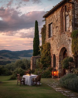 Outdoor dinner table with white cloth beside a stone Tuscan villa at sunset with cypress trees and hills