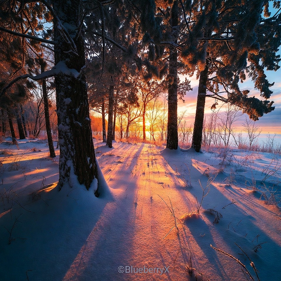 Sun glowing through snowy forest trees with long shadows across the snow