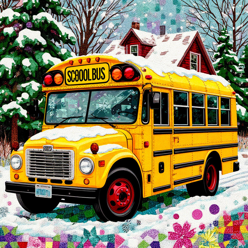 Yellow school bus on a snowy road near a red house and pine trees