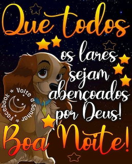 Cartoon puppy with Portuguese good night blessing text and yellow stars on a dark blue background.