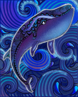 Stylized purple whale in swirling blue ocean waves illustration