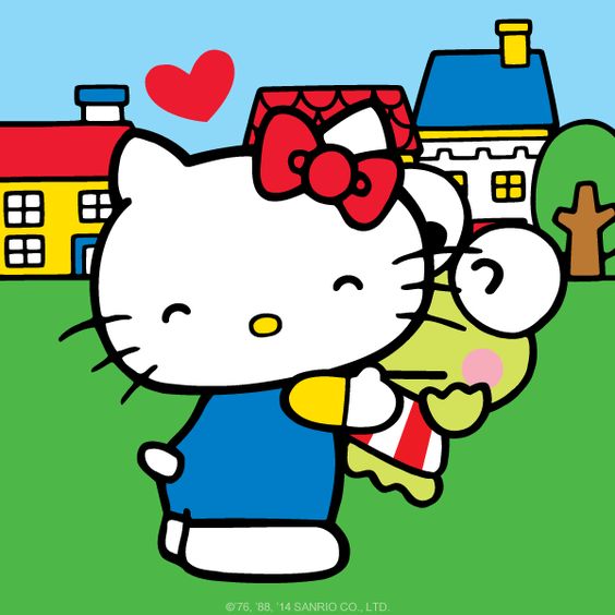 Hello Kitty cartoon holding a small green doll with colorful houses and a red heart behind her