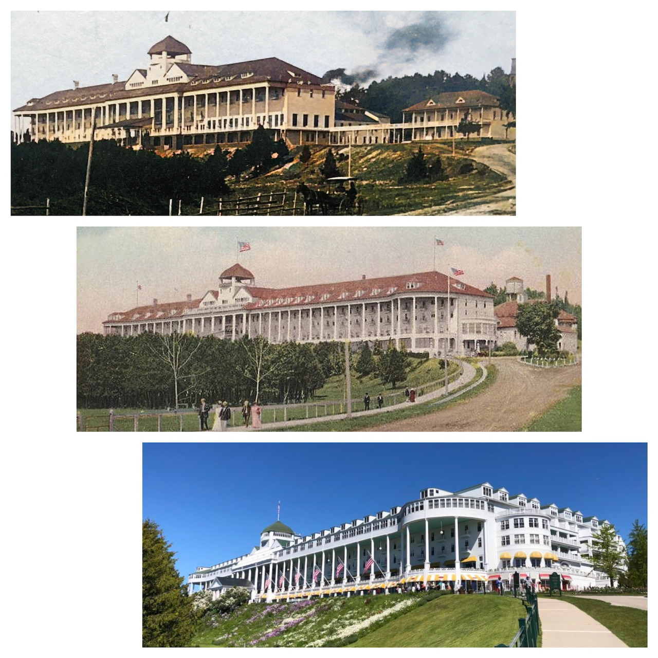 Three views of the white Grand Hotel on Mackinac Island with its signature long porch and columns