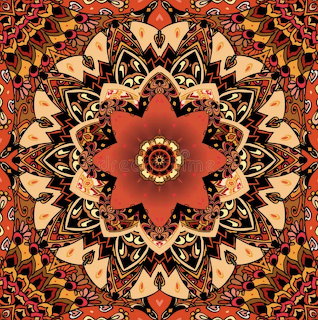 Symmetrical autumn-themed mandala with ornate floral patterns in orange, red, and cream colors