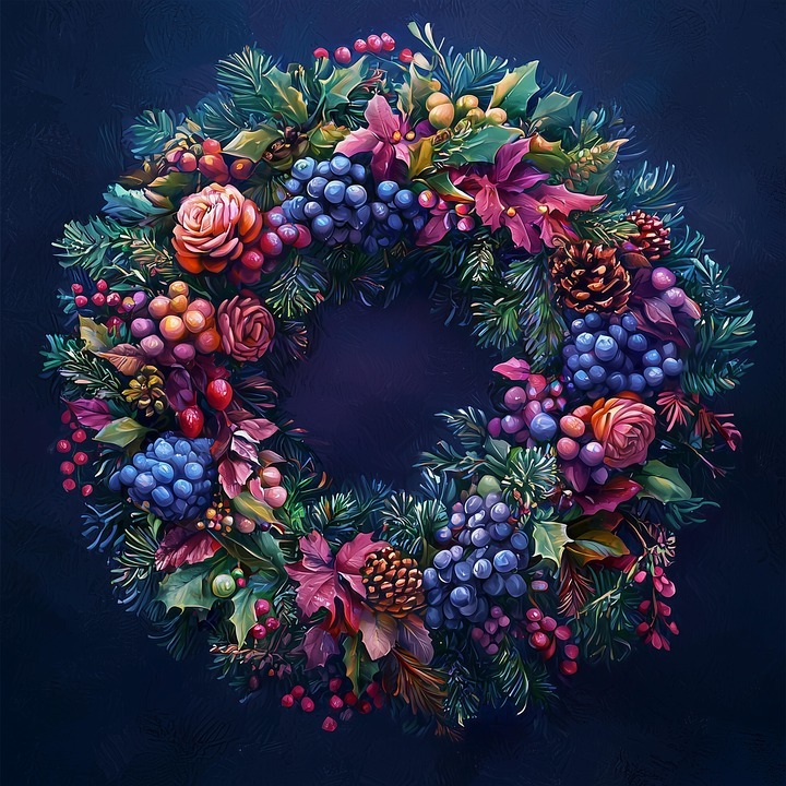 Colorful wreath with flowers, berries, pinecones, and evergreen leaves on a dark blue background