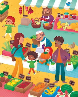 Cartoon farmers market with shoppers, vendor, and stalls of fruits and vegetables