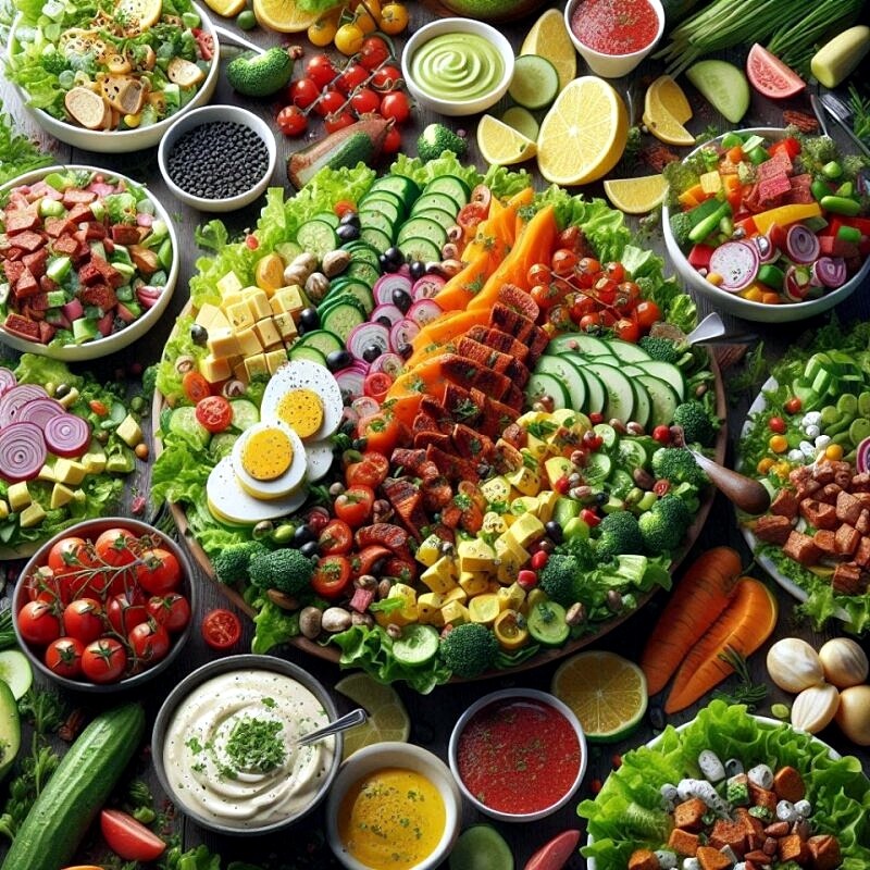 Overhead view of colorful fresh vegetable salads with various ingredients arranged in bowls on dark background